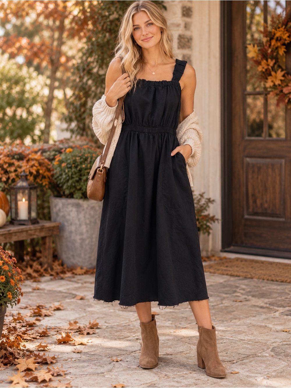 Maeve Anthropologie Black Cotton Midi Dress XL Ruched Straps Raw Hem
